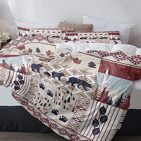 Mitpok Rustic Lodge Duvet Cover Set Men Cabin Bear Country 3 Piece Camping Bedding Set Plaid Patchwork Pine Tree Deer Forest Wildlife Stripe Comforter Set with 2 Pillow Shams(Rustic Lodge, Queen Size) Cover