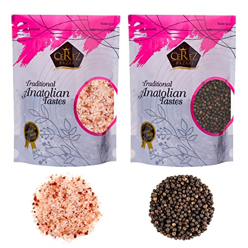 Cerez Pazari Whole Black Peppercorns 12 oz, &amp; Himalayan Pink Salt Coarse Grain 2 lbs, Premium Quality Natural Seasonings, Freshly Packed For Grinder Refill, Resealable, Non-GMO, Gluten-Free