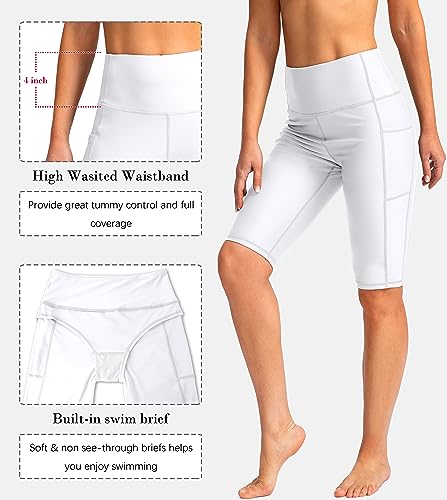 Image of SANTINY Women's High Waisted Swim Shorts with Pockets UPF50+ Long Board Swimming Shorts for Women with Liner