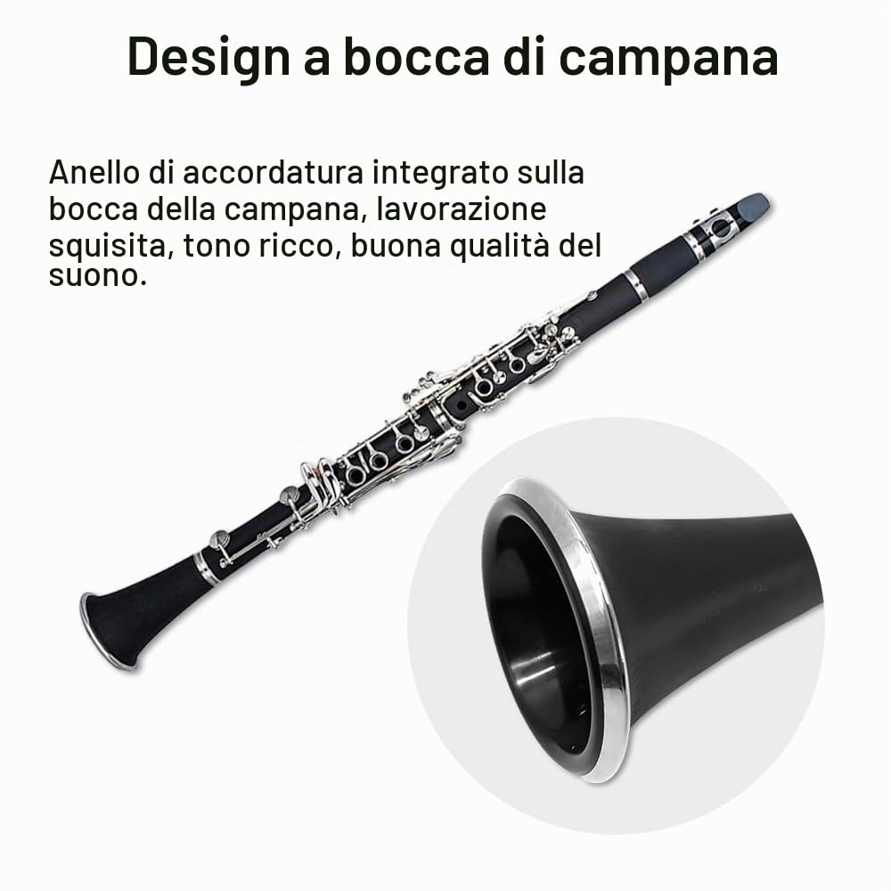 Clarinetto in Sib per studente corpo in ebanite nichelato B piatto 17 tasti clarinetto per principianti set 2 barili con panno di pulizia guanti strumento musicale nero orchestra