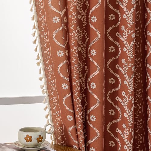 Image of Boho Valance Curtain for Kitchen Window, Burnt Orange Farmhouse Short Curtains Floral Tassel Window Valance Light Filtering Rod Pocket 1 Panel 55 inch W x 14 inch L