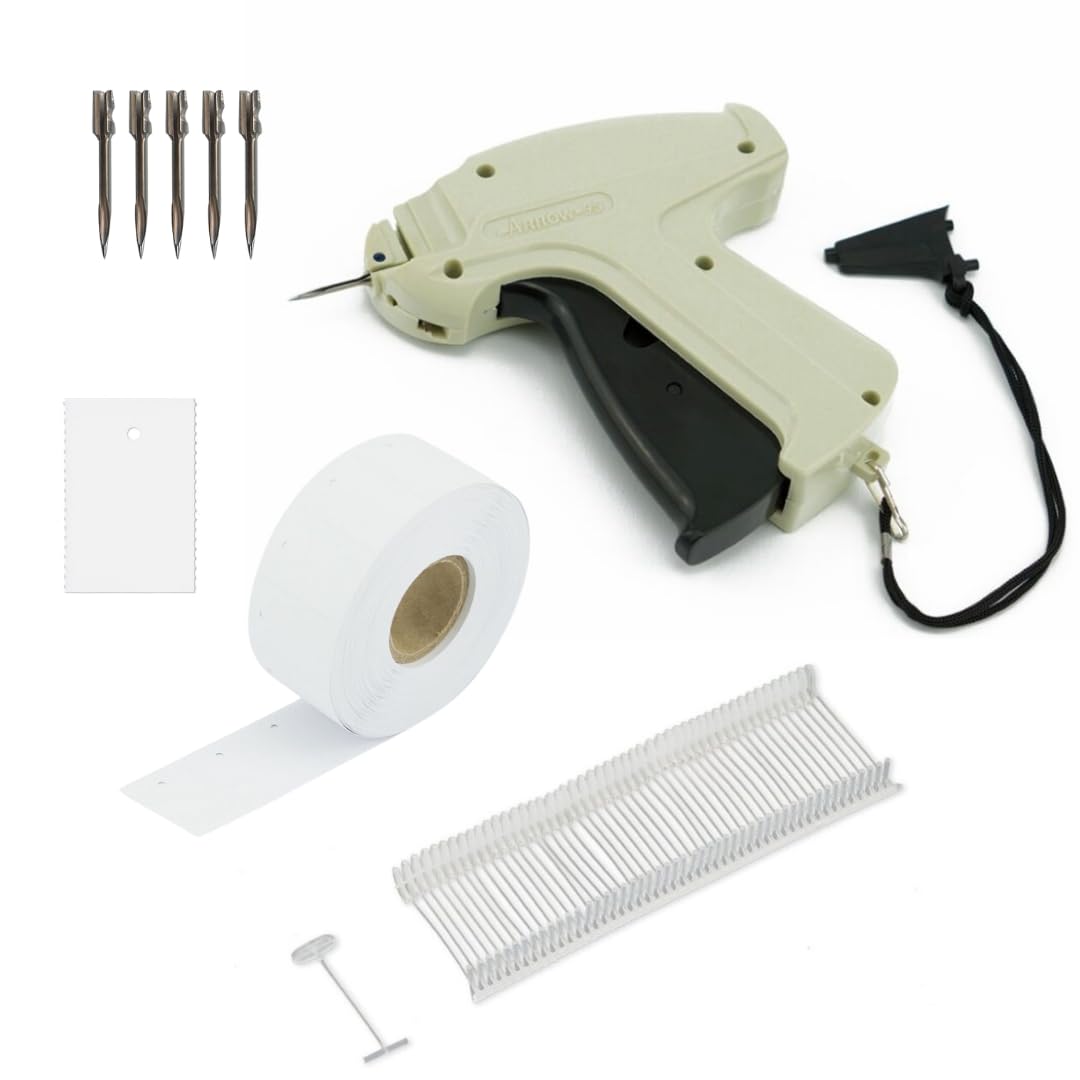 Pokornys - Standardowy pistolet do etykietowania Arrow 9S w zestawie z zapasową igłą + 1,000 standardowych nici zszywających 40mm + 1,000 etykiet kartonowych 30x45mm - Etykietowanie cen tekstyliów
