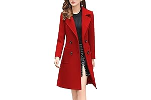 Women's Elegant Wool Blend Double-Breasted Notched Collar Overcoat in Crimson