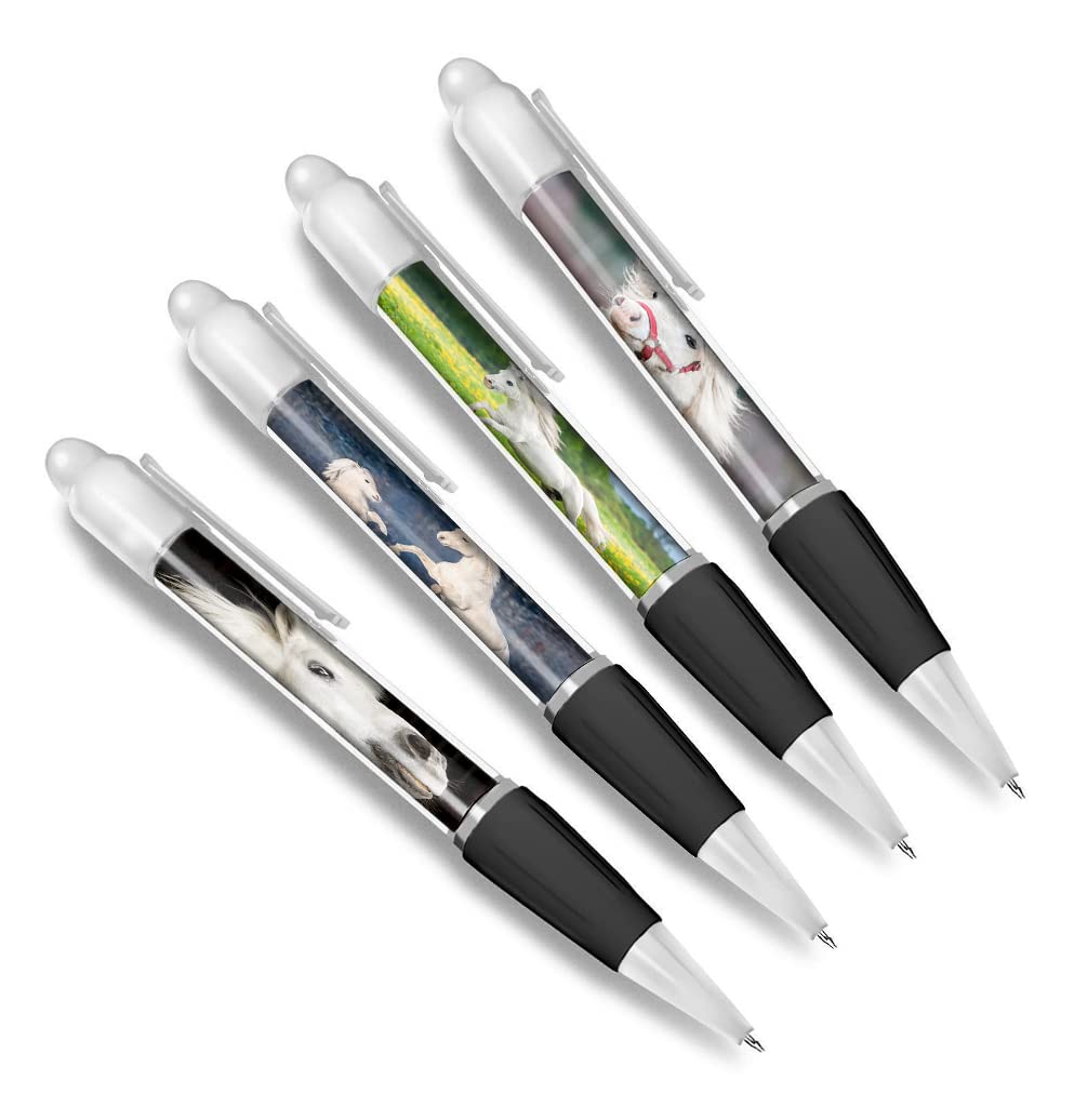DV DESIGN Set of 4 White Horse White Ballpoint Pens - Animal Pony Equestrian Riding Theme Boys Girls Men Women Stationery Pen #79596