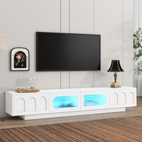 Merax TV Stand for Televisions Up to 95'', Functional Media Console with APP-Controlled Smart LED Light, Arched Cabinet Doors and Fluted Glass Doors, Entertainment Center, for Living Room, White