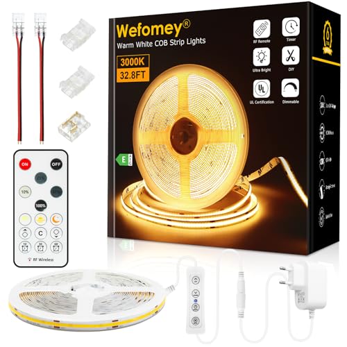 Wefomey 10M COB Ruban LED Blanc Chaud 3000K 324LED/M CRI90 Haute Luminosité 24V Dimmable avec...