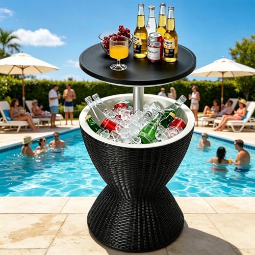 Image of Tangkula Outdoor Cooler Table, Multi-Functional Cooler Bar Table, Adjustable Height Ice Cooler Side Table w /Drain Plug, 8 Gallon Beer & Wine Cooler, Rattan Style Patio Furniture for Pool Parties