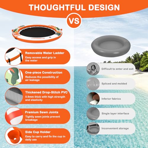 Image of Inflatable Water Hammock Floating Dock 8 FT with Mesh, Tanning Pool Raft Round Ring for Adults, Float Platform for Lake and Beach with Water Ladder and Cup Holder