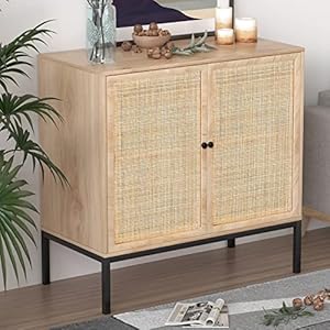 XIAO WEI Sideboard Cabinet with Natural Rattan Hand Woven 2 Doors Rattan Cabinet Console Table Buffet Storage Accent Credenza for Kitchen Living Room Hallway Entryway Natural Metal Legs
