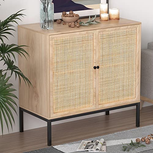 XIAO WEI Sideboard Buffet Cabinet with 2 Natural Rattan Decorated Doors, 31.5' W Accent Rattan...
