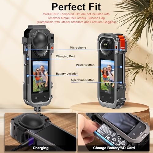 Image of AMAZEAR Metal Frame Cage Screen Protector for Insta 360 X4 - Aluminum Case for Insta 360 X4 Accessories Anti-Scratch Stronger Housing Shell Cover with Tempered Glass, Silicone Lens Guard Cap