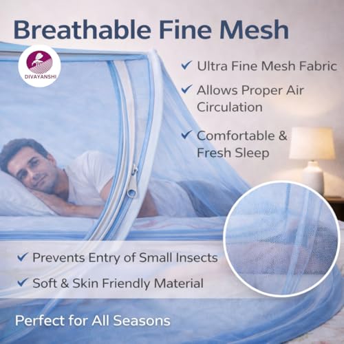 Image of Divayanshi Foldable Mosquito Net for Single Bed (3 * 6.5 ft) | Pop-Up Bed Tent with Zipper | Lightweight Polyester Mesh | Easy Folding & Washable | Insect & Mosquito Protection for Bedroom-Blue