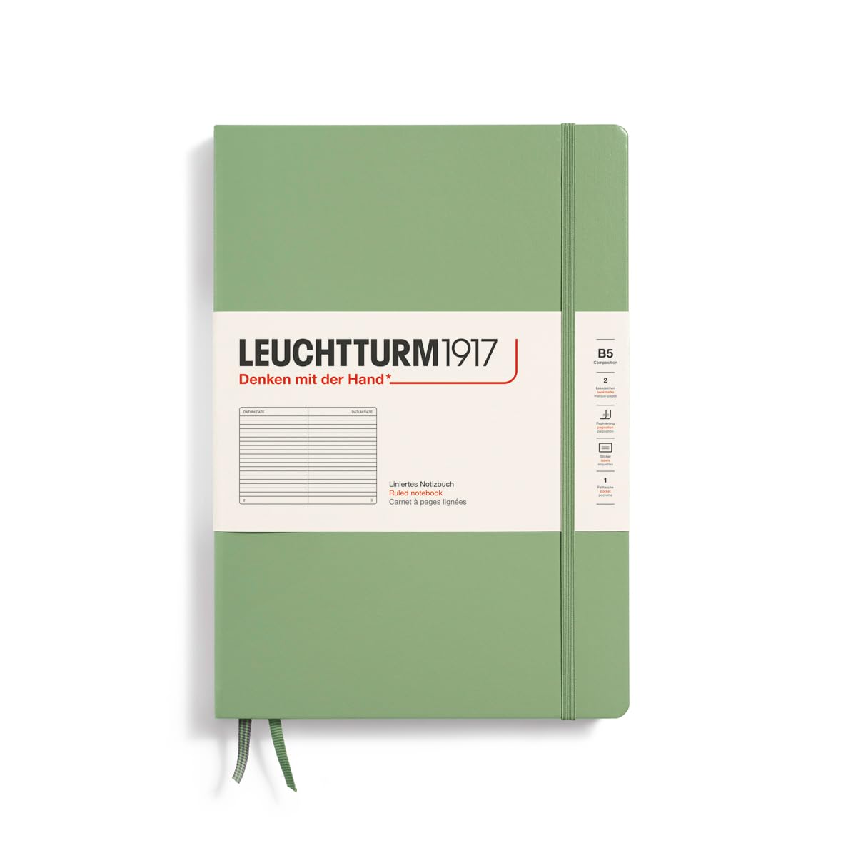 LEUCHTTURM1917Notebook Hardcover Composition B5-219 Numbered Pages for Writing and Journaling (Sage, Ruled)