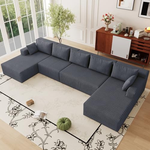 Image of 160 inch W Cloud Sectional Couch,Modern U-Shaped Cloud Couch with Deep Seat,Comfy Corduroy Sofa,Memory Foam Sofa for Living Room,No Assembly (Dark Grey)