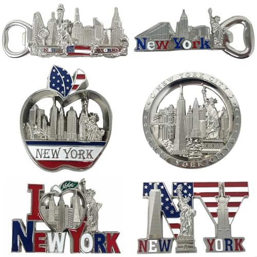6 Pack Silver Bundle NYC Metal Fridge Magnets New York Souvenir Empire State Building, Skylines,...