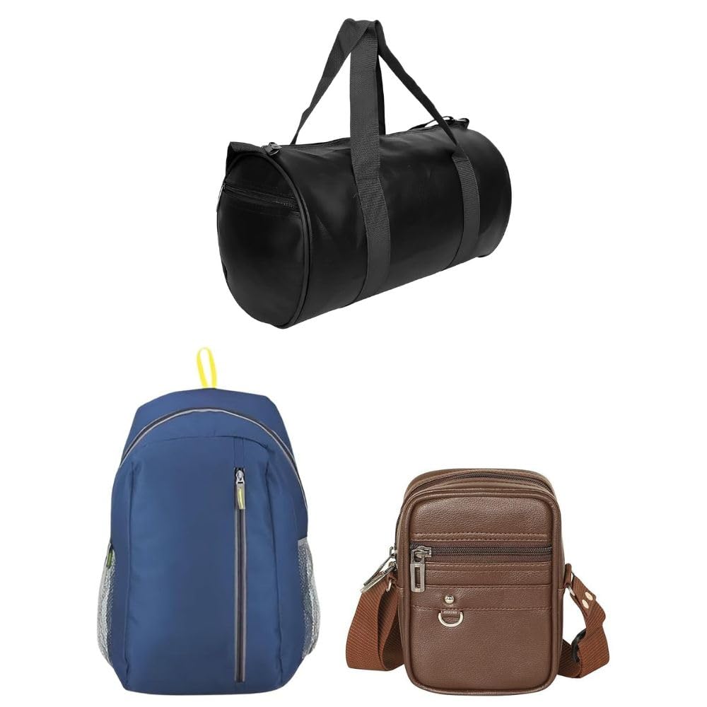 3 PCS Combo Bag Set for Men & Women – Black Gym Duffel Bag, Brown Leatherette Crossbody Sling Bag & Navy Blue Backpack | Waterproof Lightweight Travel Gym College Office Multi-Compartment Bags-image-48