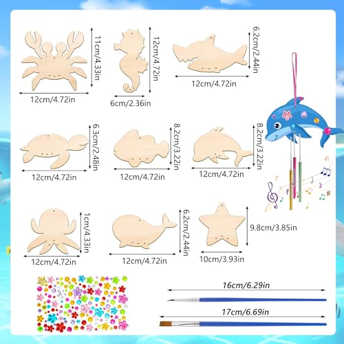 Graplan 49 Stück Meertier Windspiel Bastelset Kinder Ozeantiere Windspiel Holz Meer Bastelset Kindergeburtstag DIY Windspiel Basteln Holz zum Bemalen für Kinder Mädchen Junge