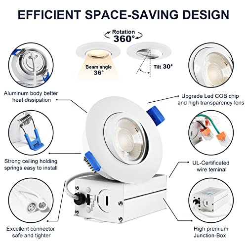 Image of Sublimation 4 Packs 3 Inch Gimbal Led Recessed Light with Junction Box 10w,Waterproof recessed Lights for Shower,3 Colors Adjustable,Suitable for Bathroom,Parlor,Bedroom,Kitchen,Balcony