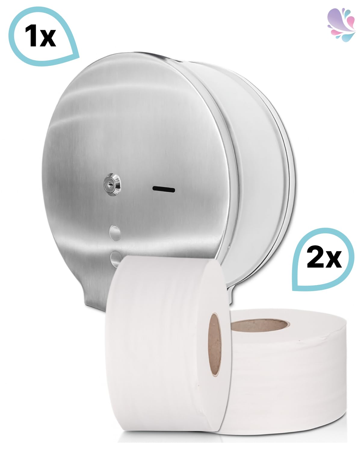 Set Maxi Jumbo Toilettenpapierspender Edelstahl | Edelstahl matt, inkl. 2 Jumborollen à 300 m, 100 % Zellstoff & abschließbar