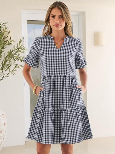 Image of Caracilia Dresses for Women Summer 2026 Striped V Neck Ruffle Sleeve A Line Tiered Flowy Casual Mini Beach Dress with Pockets