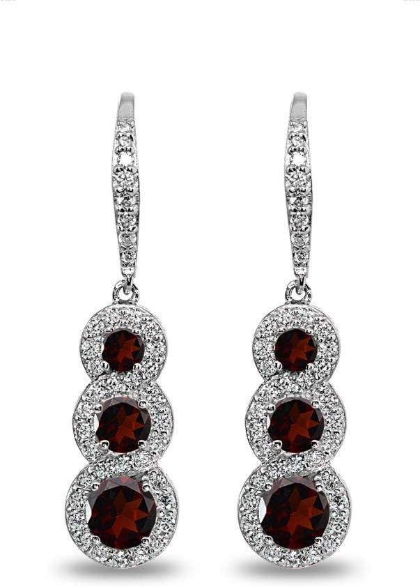 Sterling Silver Genuine or Synthetic Gemstone Journey Halo 3-Stone Dangle Leverback Earrings for Women