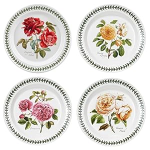 Portmeirion Botanic Roses Collection Dinner Plate, Round, set of 4, Assorted Motifs, Ceramic, Dishwasher, Microwave, and Oven Safe, 10.5 Inch, Made in England