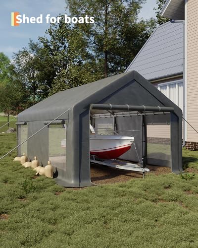 10x20 Ft Carport, Car Port with 200g PE Tarp, Roll-Up Doors, and 4 Windows, for Sedans, Bass Boats, Motos, ATVs, and SUVs, Light Gray