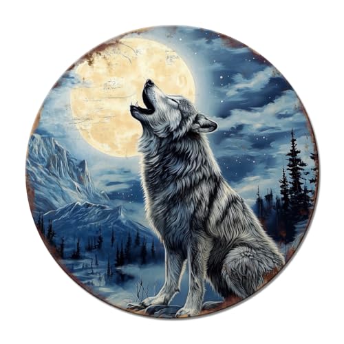 SUPERDANT Plaque Metal Vintage en Forme de Loup Panneau Rond en Forme de Pleine Lune dans la Jungle Plaque Murale Decorative pour la Maison le Salon Chambre à...