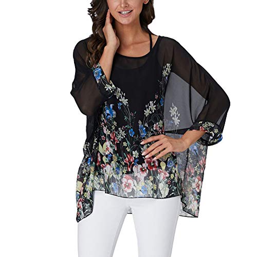 Image of Ckikiou Plus Size Batwing Flowy Semi Sheer Chiffon Blouse Tunic for Women Summer Floral Print Boho Beach Cover ups