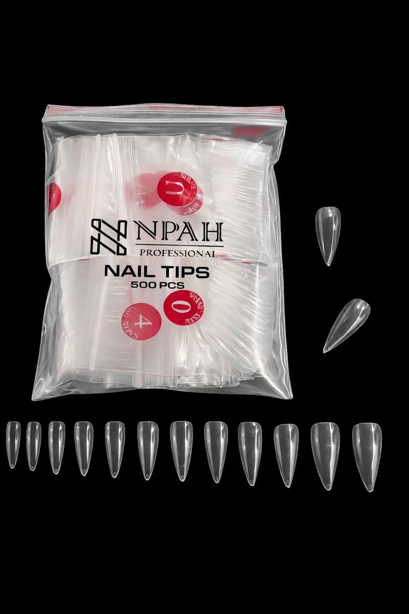 500 false tips- false nails for nail extension- gel nails or acrylic- long stiletto/almond shape - type- natural/clear (CLEAR-(M10-C))-image-11