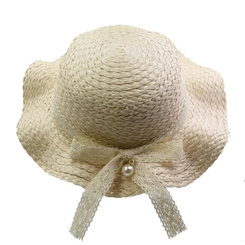 Kids Girl Summer Straw Hat Foldable Wide Brim Sun Hat with Bowknot Floppy Beach Hats Beige
