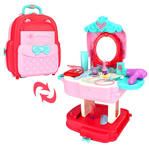 Toy Pretend Beauty Playset, Makeup Vanity Schoolbag with Mirror Cosmetic Toy Set, Pretend Beauty Dress-up Salon Hair Dryer for Kids Girls 3 4 5 6 Year Old (Schoolbag)