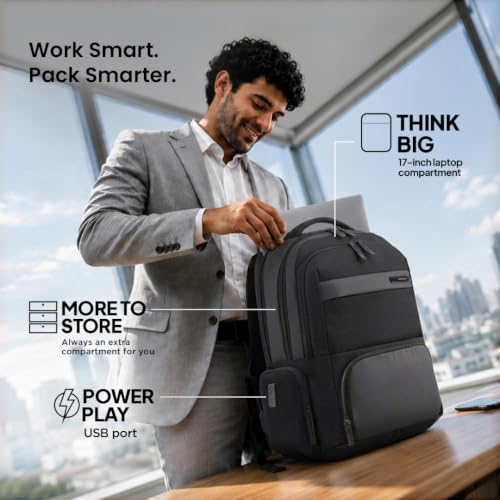 Image of American Tourister Verve 17 inch Laptop Backpack | USB Charging Port | Smart Trolley Sleeve | Hidden Pocket | Tractum Suspension Straps | Office Bag for Men and Women | 1 Year Global Warranty