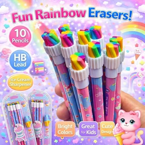 Image of Pack of 10 Packet HB Pencils Set with Cute Ice Cream Erasers - Cartoon Theme Colourful School Pencils for Girls, Boys, Kids, Drawing, Homework, Birthday Return Gifts, Stationery Kit