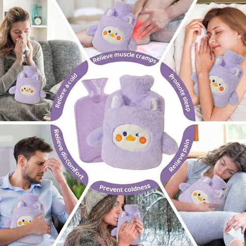 Image of Hot Water Bottle with Plush Duck Cover 1000ML Premium Leak-Proof Heating Bag for Period Cramps, Back, Neck & Joint Pain Relief Hot & Cold Compress for Muscle Injuries & Swelling with Bunny Sleeve (Lavender - Duckling)