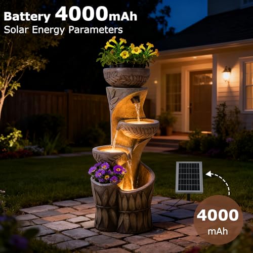 Image of 4 Tiered Solar Water Fountain Outdoor Garden Waterfall Fountains | 35.6 inch Tall Cascading Bowl Leaf Carved Outdoor Modern Water Feature with Dual Planters for Patio, Deck, Yard