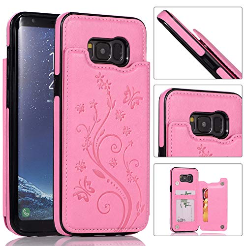QFUN Back Wallet Case for Samsung Galaxy S8 with Stand, Elegant Embossed Design [Butterfly Flower] Lightweight Slim Fit Leather Phone Case with Card Holder Protective Bumper Flip Cover - Pink