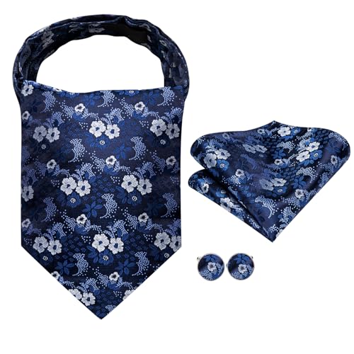 Image of Hi-Tie Silk Ascot for Men Self Tie Men's Cravat and Flower Lapel Pin Handkerchief Cufflinks Set for Wedding Party
