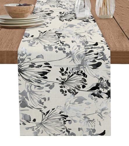 Cotton Linen Table Runner Farm Wild Plant Dresser Scarf Black Abstract Dandelion Botanical 13×36 Washable Kitchen Dinning Table Runners Decor for Indoor Outdoor Party Holiday Wedding Vintage Burlap