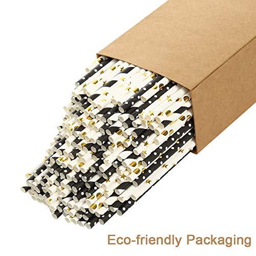 Paper straws for drinking, disposable biodegradable cocktail straws, perfect for Birthday, Party Supplies , Baby shower, Wedding/Bridal, Holiday Decoration, Gexolenu (Black Gold, 200pcs/pack)