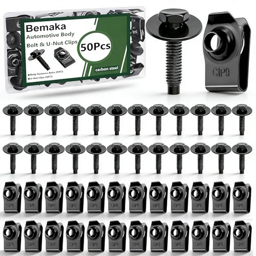 Image of 50Pcs M6-1.0 Automotive Body Bolt & U-Nut Clips Kit, Multipurpose Fender Bolts Body Fastener Clips for Most Cars Bumper Engine Splash Shield (25Sets)