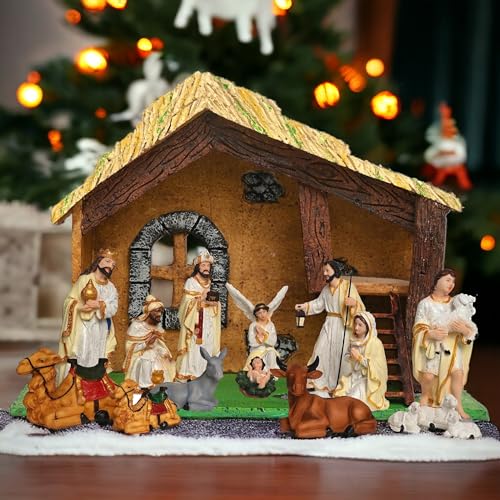 Image of KariGhar Nativity /Crib Idols Set of 16 Pieces [Pack - Crib House,Mary, Joseph, Baby Jesus, Angel, 3 Wise Men, The Shepherd, 7 Animals], Multicolour, 6 Inch Set, A0098
