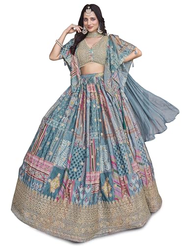 Image of AG Clothing Women's Digital Print With Zari Dori Embroidery Work Chinnon Silk Lehenga Choli With Dupatta (Women-Lehenga-Choli-New; Free size)