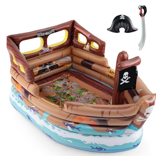 GLACER Pirate Ship Bounce House, Inflatable Bouncy Castle Pirate Themed with Built-in Motor, Blow Up Sword & Hat, Repair Patches, Indoor Outdoor Boat Shaped Bouncy House for Kids Aged 3+, Party Game
