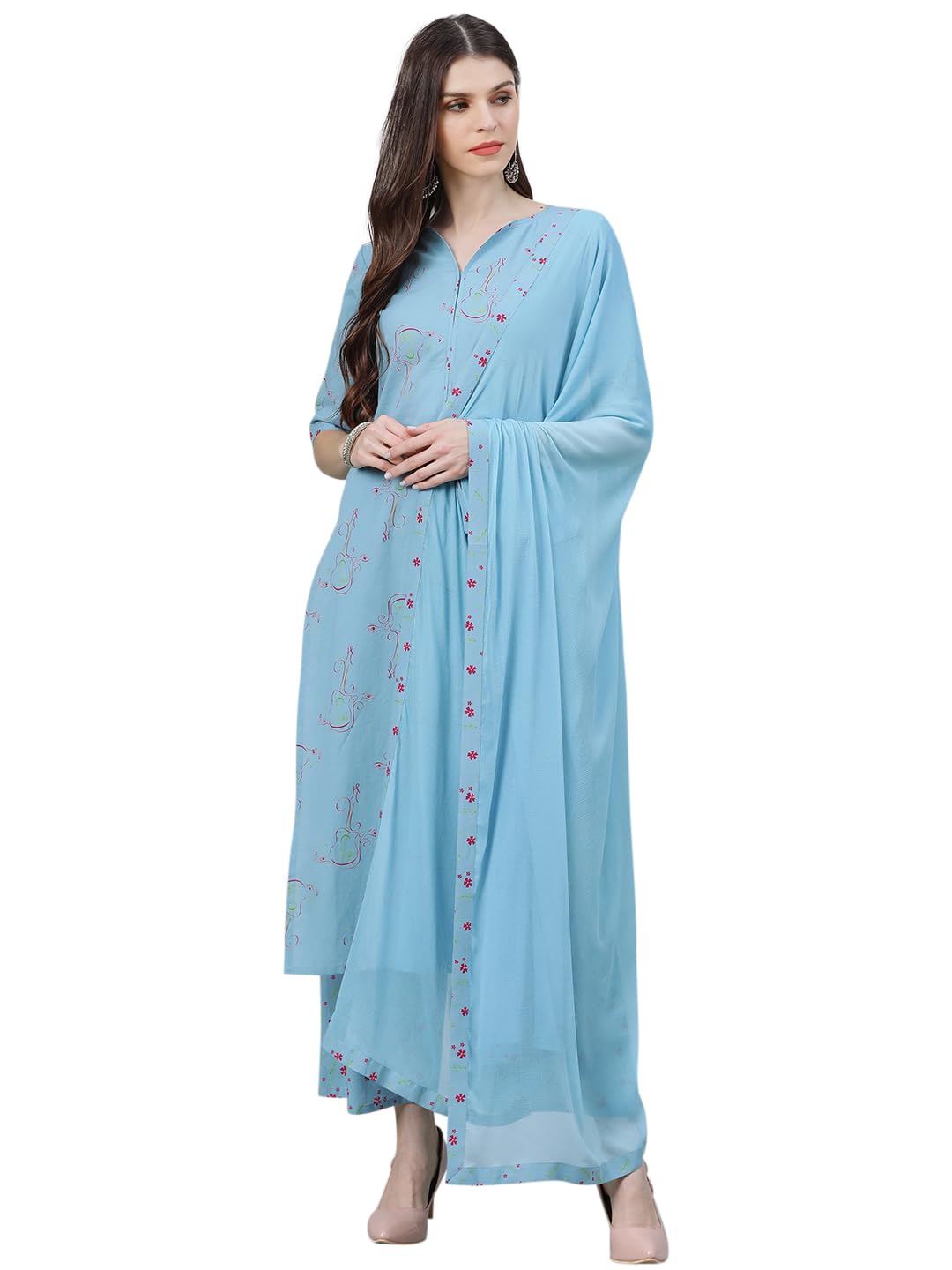Printed Rayon Straight Kurta With Palazzos and Dupatta