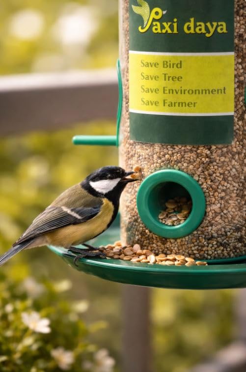 Image of Bird Feeder for Balcony & Garden - Pack of 3 | Hanging Seed Container with Perch & Tray | Outdoor Bird Feeding Jar for Sparrows & Small Birds