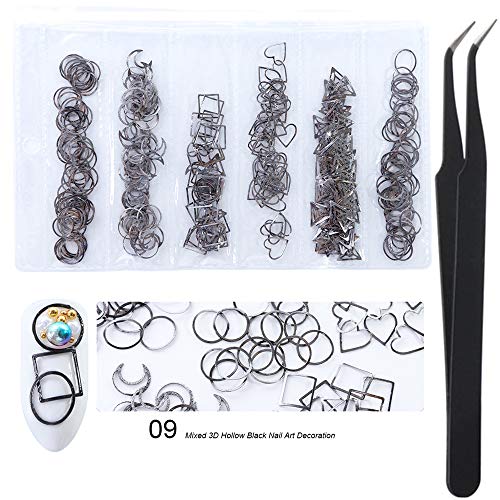 WOKOTO Black Mix-Shapes Hollow Metal 3d Nail Art Jewels Decorations Kit With Tweezers Round Crescent Heart Square Triangle Oval Nail Jewelry Charms