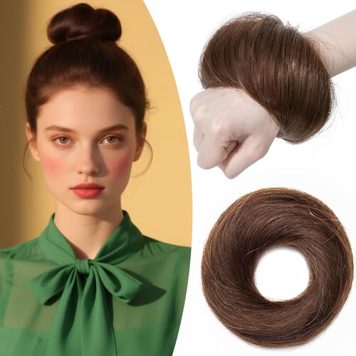 SEGO Human Hair Messy Bun Hairpieces Real Scrunchies Smoothed Updo Donut Chignon Wavy Ponytail Extensions for Women Girls,#4 Medium Brown