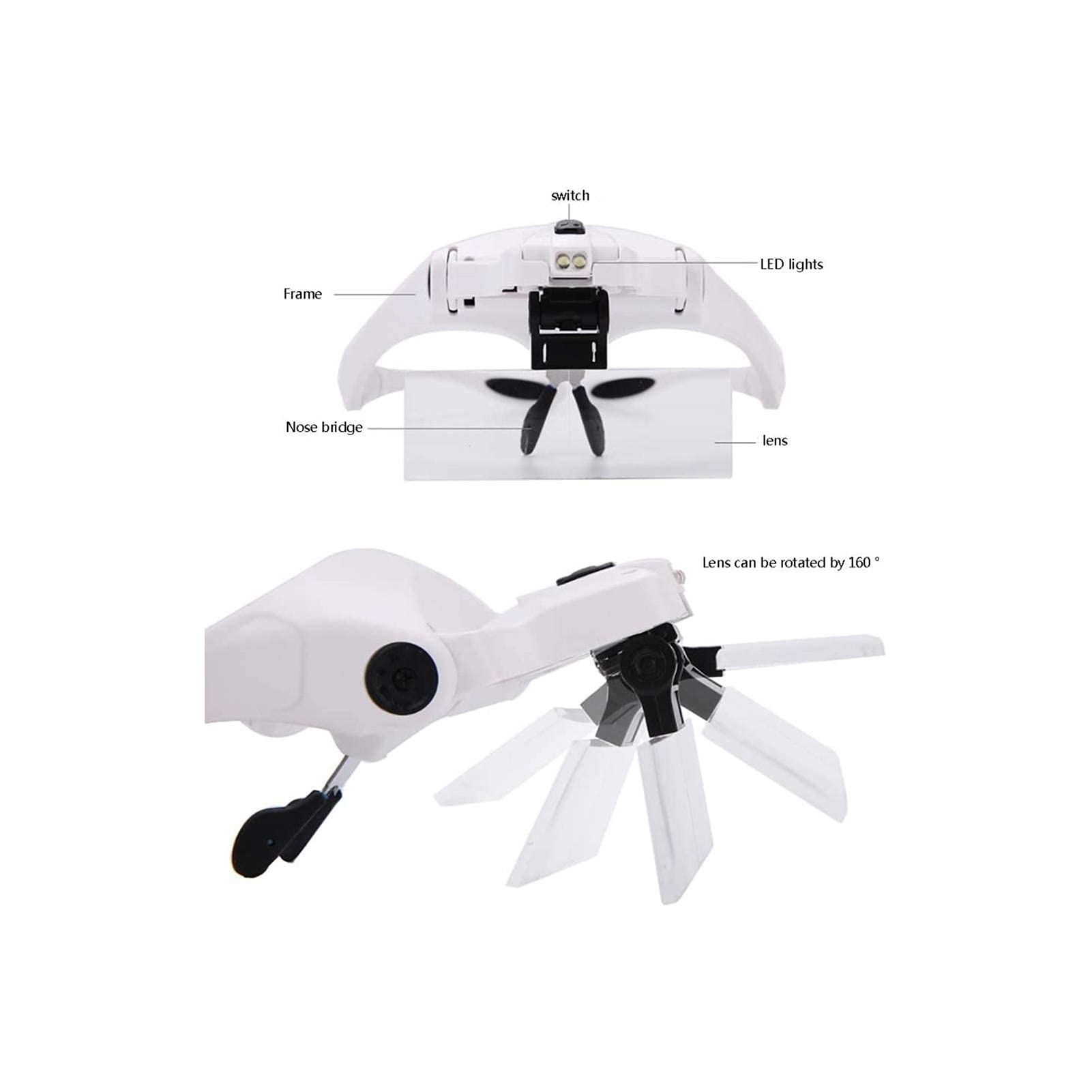 Lupa de Diadema, Lupa iluminada para Montar en la Cabeza, Lupa Manos Libres con Zoom de 1X a 3,5X y 5 Lentes Desmontables, Lupa iluminada para Lectura, Lupa de joyero.