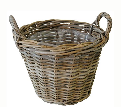 Jardinera clásica y decorativa con lámina de plástico y asa, cesta de mimbre natural, cesta de mimbre para flores, natural, para interiores y exteriores, decoración para terraza/balcón Cover
